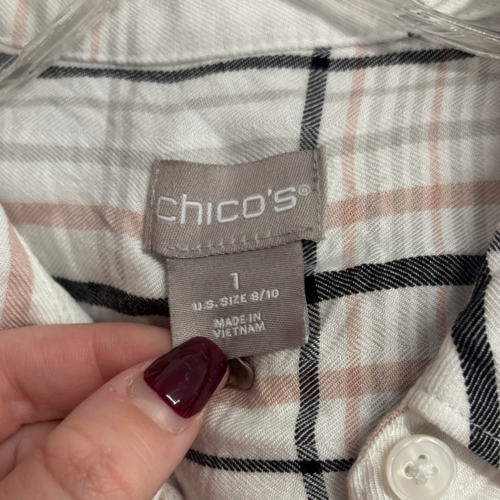 Chicos Rayon White/Pink/Grey Plaid Button Down Flannel Top Size 1 (8/10) - Picture 2 of 6